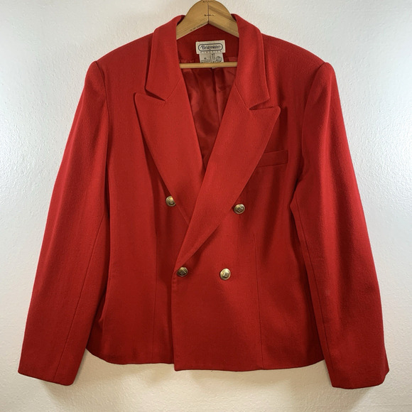 Vintage Womens 100% Wool Double Breasted Blazer Sz 16 Red Old Money Gold Button - Picture 1 of 14
